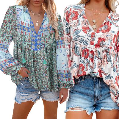 China 2021 Wholesale Bubble Neck Slit Sleeve Patchwork Ladies Anti-pilling Casual Floral Blouse for sale