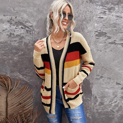 China Color Anti-Shrink Soft Block Jacket Ladies Fashion Open Front Pocket Cardigan Sweaters Women Knitwear for sale