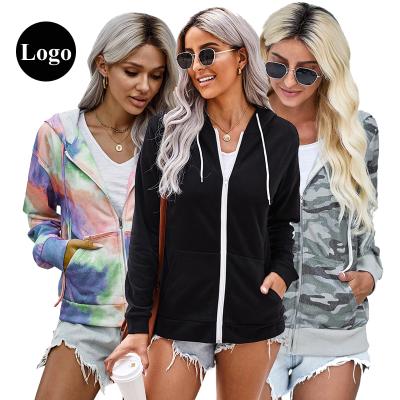 China Long Sleeve Tie Dye Camouflage Women Anti-wrinkle OEM Oversized Hooded Sweatshirts Hoodies Custom Casual Plain Zipper Jacket for sale