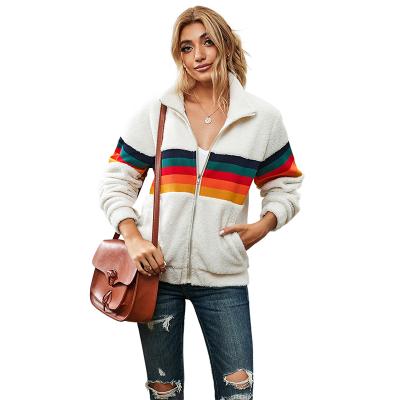 China Wholesale Women Anti-Wrinkle Fuzzy Fleece Sherpa Jacket Rainbow Striped Coats With Pockets for sale