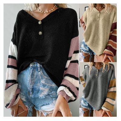 China Fashionable K Anti-Shrink Striped Raglan Sleeve Drop Shoulder Casual Knitted Women's Autumn Sweaters for sale