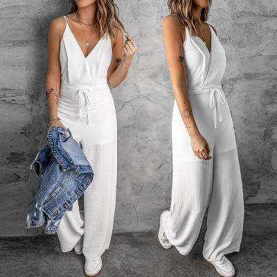 China Latest Design QUICK DRY 2022 Summer Solid Spaghetti Tie High Waist Wide Leg Drawstring Lady One Piece Designer Overalls for sale