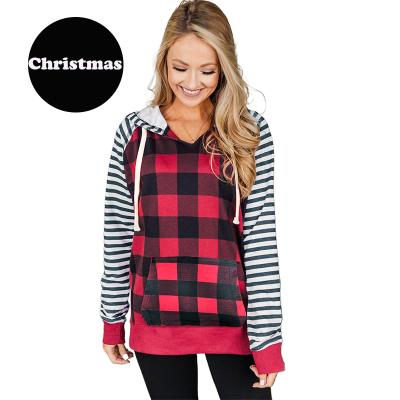 China 2021 Anti-wrinkle Christmas Winter Plaid Print Long Sleeve Polyester Striped Raglan Hoodie With Pocket for sale