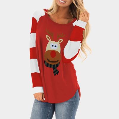 China Hot Selling Anti-Wrinkle Christmas Cartoon Reindeer Color Block Formal Women Long Sleeve Top Designer Blouse for sale