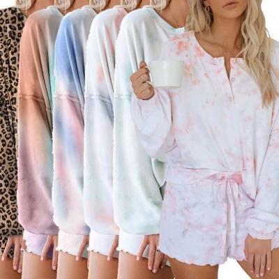 China 2021 Breathable High Quality Home Wear Multicolor Tie Dye Long Sleeve Knit 2 Piece Women Fashion Pajama Set for sale