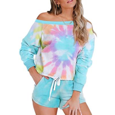 China Summer Breathable Customized Casual Tie Dye Printed Long Sleeve Tops And Shorts Adult Onesie Pajamas Set Women for sale