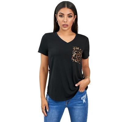 China Popular High Quality Anti-wrinkle White Leopard Printed Splice Casual Women's T-Shirt for sale