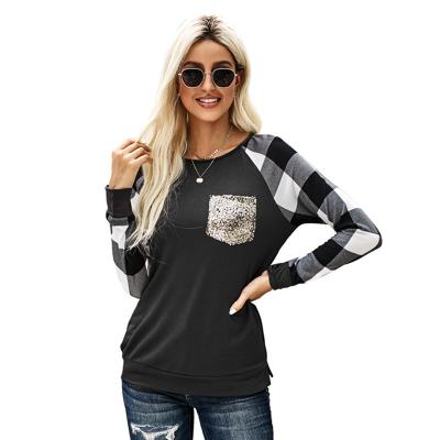 China Wholesale Anti-pilling Women's Casual Plaid Top Splicing Top Women Pocket Sequined Long Sleeve for sale