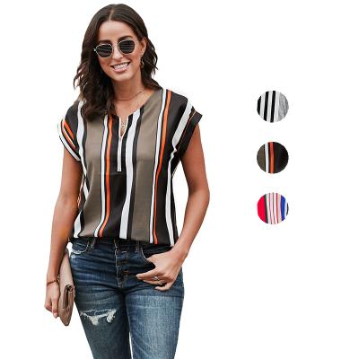 China Anti-pilling Women Summer Casual Crew Neck Tops Striped Print Blouse Short Sleeve Zip Up Women Shirts for sale