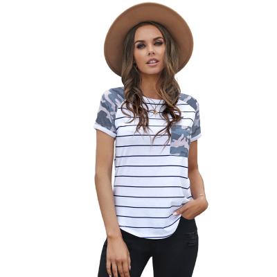 China Wholesale Fashion Anti-wrinkle Women's Short Sleeve Camouflage Tops Crewneck Pocketed Stripe T-Shirt for sale