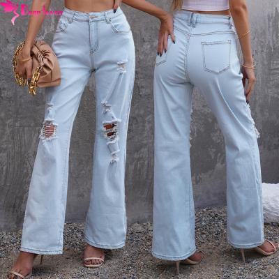 China High Quality OEM QUICK DRY Women Light Blue High Waist Destroyed Jeans for sale