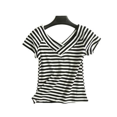 China Wholesale Women's T-shirts Factory Price Anti-wrinkle Short Sleeve T-shirts V-neck Bars Shirt Summer Women's Clothing Soft Elegant for sale