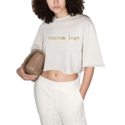 China Anti-Wrinkle New Arrival Factory Wholesale Lady Custom Logo Directly Cropped T-shirt Ecru Cotton Blend Terry French Round Neck Short Sleeves for sale