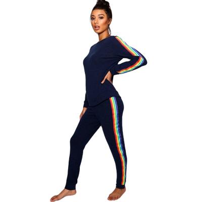 China Breathable Breathable Rainbow Stripes High Rated Running Tracksuit Women Navy Color Sweatsuit for sale