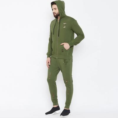 China Rage Item Army Green Distressed 260gsm Terry French Cotton Sweatsuit Breathable Sweatsuit Men for sale