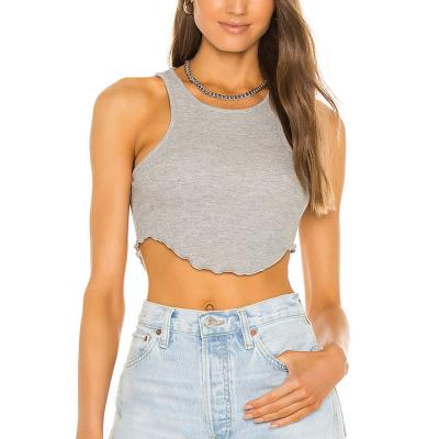 China Wholesale Price Girls Crew Neck Fitness Crop Tops Heather Trim Curved Gray Lettuce Edge Tank Top for sale