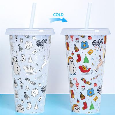 China Customized Viable Christmas Mug With Tumbler Reusable Plastic Cup 24oz Cold Color Changing Lid And Straw for sale