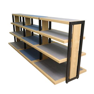 China Special Design Double Sided Double Sided Shop Display Rack Supermarket Equipment Metal Supermarket Wood Shelf for sale