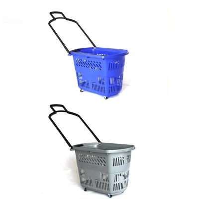 China Durable Good Quality 45l Popular Grocery Supermarket Rolling Shopping Basket Plastic For Grocery Store for sale