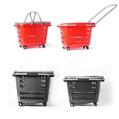 China Durable Custom Design Grocery Cart Supermarket Plastic Handle 45l Rolling Shopping Basket for sale