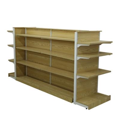 China New Combination Supermarket Shelves Grocery Double Sided Sale Steel Wood Display Rack for sale