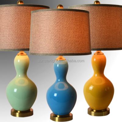 China Modern Antique Brass Gourd Metal Base Shape Ceramic Body With Fabric Shade Modern Desk Lamp Bedroom Living Room Table Lamp for sale