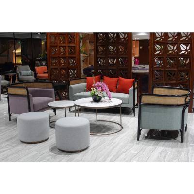 China New Westin Modern Hotel Lobby Public Area Wood Leather Woven Hotel Sofa Set for sale