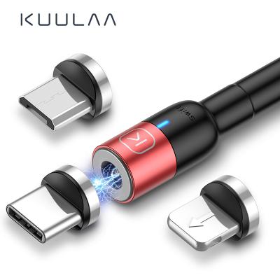 China KUULAA Strong Magnetic Wholesale Nylon Braided 360 Degree Rotatable 3 in 1 USB Type C Led Fast Charging Magnetic Charging Cable Micro USB C for sale