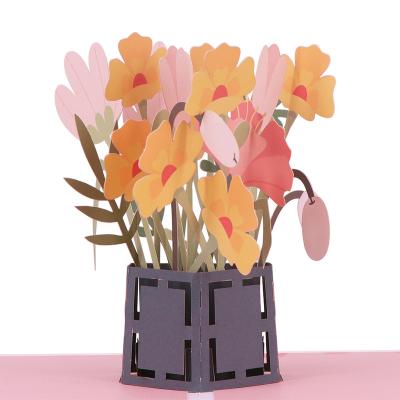 China Custom Europe Printing Laser Cut Flower Basket Automatic 3d Thank You Get Well Pop Up Cards for sale