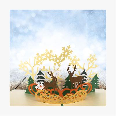 China China WINPSHENG Custom Design Christmas Elks And 3d Trees Pop Up Paper Greeting Cards for sale