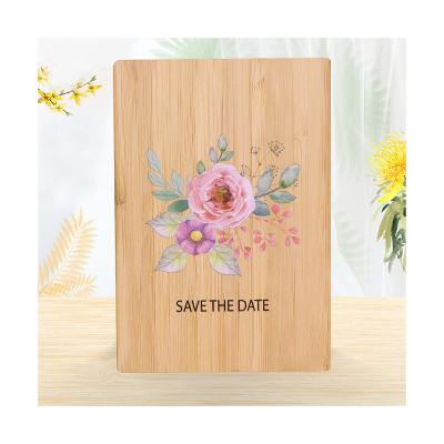 China Europe wholesale custom bamboo cover printing UV flower save the date wedding invitation card for sale