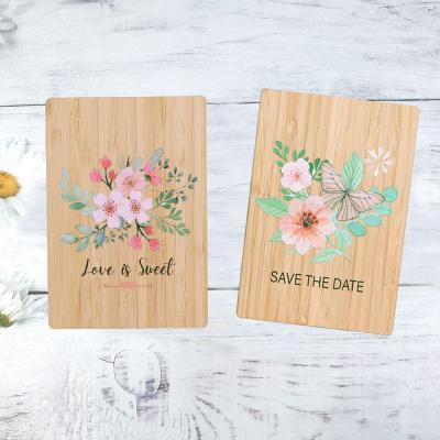 China Custom Eco Friendly Europe Bamboo UV Printing Flower Save The Date Love Wedding Invitation Card for sale