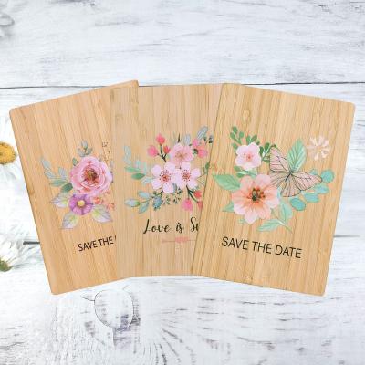 China Europe Custom UV Printing Luxury Flower Save The Date Bamboo Wood Wedding Invitation Card for sale