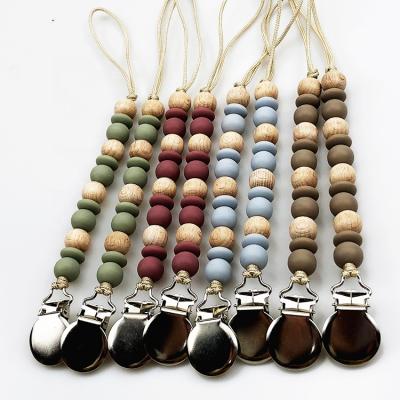 China BPA Free High Quality Wooden Pacifier Holder Baby Silicone Beads Pacifier Clip Chain for sale