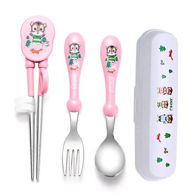 China Kids Forks Training Chopsticks Flat Stainless Steel Flat Spoon Fluted Dinnerware Set With Case For Children Upright Children for sale