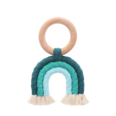 China BPA Free Teething Toys Safety Rainbow Wooden Crochet Teether Rings Care Baby Shower Accessory Gifts for sale