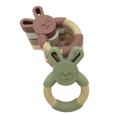 China Bpa Free Food Grade Safe Silicone Bpa Free Rabbit Teether Rings Organic Wooden Baby Teething Toys for sale