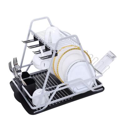 China Home Kitchen 2 Tiers Sustainable Aluminum Dish Drying Rack Supplies Sink Countertop Storage Shelf Drainer Organizer for sale