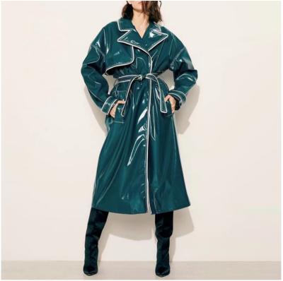 China Fashion Anti-Shrink Ladies Long Trench Coat Winter Shine Leather Women Coat for sale