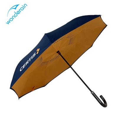 China Contemporary 23Inch 8K Custom Logo Printed J Shape Reverse Leather Handle Umbrella With Vent Air for sale