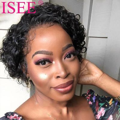 China ISEE Water Wave Hot Sale Pixie Cut Short Bob Curly Glueless Wigs Lace Front Hair Pre Plucked Pixie Wig for sale