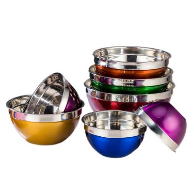 China Viable Manufacturers Wholesale Color With Cover Salad Basin 201 Color Stainless Steel Salad Bowl Set Salad Basin Cooking Bowl for sale