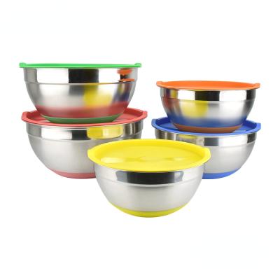 China Sustainable Stainless Steel Mixing Bowls With Lids Stackable Bowl Set For Cooking, Baking, Mea Bowl With Silicone Base Multifunctional for sale