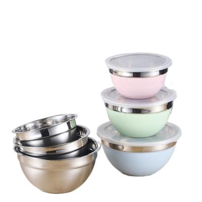 China Viable 304 Stainless Steel Multicolor Salad Bowl With Cover , Thickened Fresh Egg Bowl Preservation Bowl 3 Sets for sale