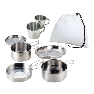 China Outdoor Stainless Steel Dining Set Stainless Steel Camping Utensils 8 Pieces Camping Cook Ware Set for sale