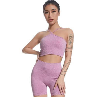 China QUICK DRY Summer Ladies Knitted Tight Seamless Two Piece Fitness Suit Shorts Camisole Yoga Casual Wear for sale