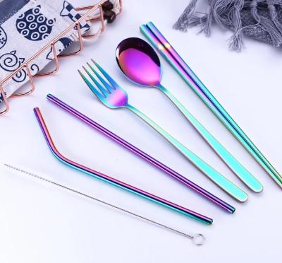 China Viable Wholesale Customized 304 Stainless Steel Multicolor Straw Spoon Fork Chopsticks Brush Cloth Bag Set for sale