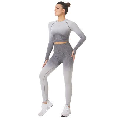 China Fashion Breathable Gradient Long Sleeve Sports Suit Fitness Workout Leggings Seamless Dyeing Yoga Set for sale