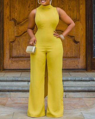 China African Women Viable Plus Size Halter Overalls Wide Leg Solid Yellow Backless Collar One Piece High Top Overalls Pants Overalls Rompers for sale