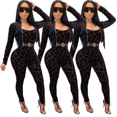 China Best Selling Viable Printed Overalls Black Striped Jumpsuit Rompers Coat Jumpsuit Two Piece Set Tops Jacket One Piece Jumpsuit Set For Fall for sale